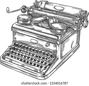 Classic vintage old typewriter machine line vector illustration