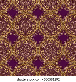 Classic vintage ornament on a purple background. Seamless classic vector golden pattern. Traditional orient ornament.