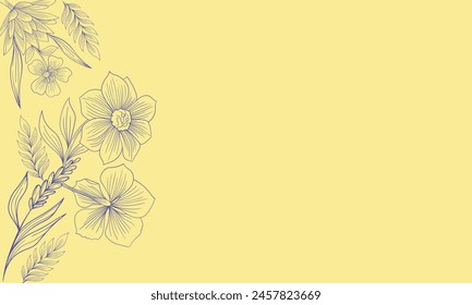 Clásico Antiguas contorno floral sin costuras. Flores de primavera. Trazo azul con fondo amarillo claro. Diseño de Plantilla. Espacio para texto personalizado a la derecha. Espacio para deseos, contenido. EPS 10 editable