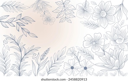 Clásico Antiguas contorno floral sin costuras. Flores de primavera. Trazo gris metalizado con fondo beige claro. Diseño de Plantilla. Espacio para texto personalizado en el centro. Espacio para los deseos. EPS 10 editable.