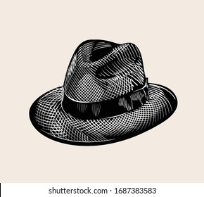 Classic vintage panama hat illustration. Black and white engraved style line art vector drawing.