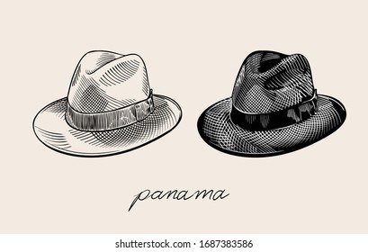 Classic vintage panama hat illustration  Black   white engraved style line art vector drawing 