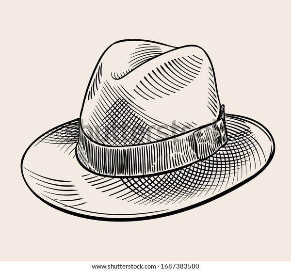 Classic vintage panama hat\
illustration. Black and white engraved style line art vector\
drawing.