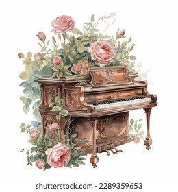 Classic vintage piano surrounded with roses and flowers