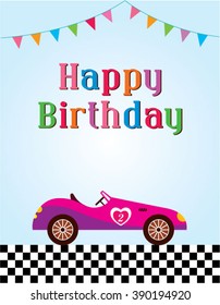 classic vintage race car happy birthday card vector illustration