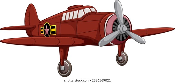 A classic vintage red military aircraft isolated on a white background in a vector cartoon illustration style