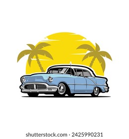 Clásico vintage coche retro en la playa ilustración de arte vectorial aislado. Lo mejor para el diseño de camisetas automotrices