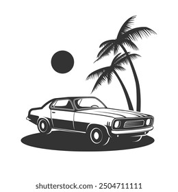 Classic vintage retro car and palms design. Vector silhouette. Design element for logo, sign, emblem. Retro Style.