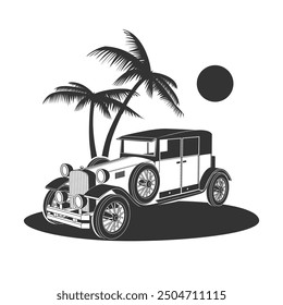 Classic vintage retro car and palms design. Vector silhouette. Design element for logo, sign, emblem. Retro Style.