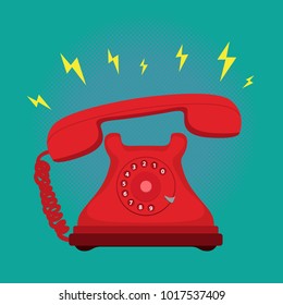 Classic Vintage Retro Dial Telephone are Ringing on Green background, Flat Vector.