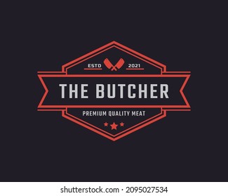 Classic Vintage Retro Label Badge for Butcher Shop with Crossed Cleavers Logo Design Inspiration