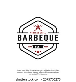 Classic Vintage Retro Label Badge for Grill Barbeque Barbecue BBQ with Crossed Fork and Fire Flame Logo Design Inspiration