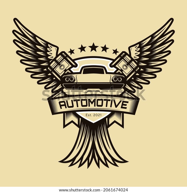 Classic or vintage or retro styled logo design,\
combining wing, tail, piston and car icons, perfect for your\
business or community