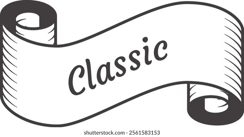 Classic vintage ribbon banner scroll design element with the word classic written in cursive font and vintage style shading representing tradition, quality and elegance