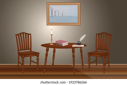 Classic vintage room with letter on a table, candlestick, feather pen and ink pot, vector illustration