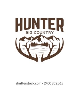 Classic Vintage Rustic Hunter Logo Design With Mountains Lake and Deer Antler