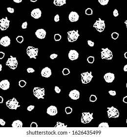 Classic vintage seamless pattern with polka dot, texture grunge crayons ink. White on black background. Can be used for greeting card design, Gift wrap, fabrics, wallpapers. Vector
