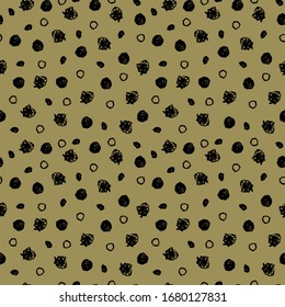 Classic vintage seamless pattern  polka dot, texture grunge crayons ink. Black khaki olive green background. Can be used for scandinavian greeting card design, Gift wrap, fabrics, wallpapers. Vector