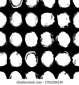 Classic vintage seamless pattern polka dot circles, scandinavian style texture grunge paint ink. black White background. Can be used for greeting card design, Gift wrap, fabrics, wallpapers. Vector 