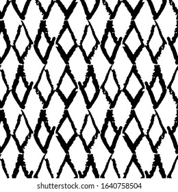 Classic vintage seamless pattern with rhombuses, texture grunge crayons ink. black isolated on White background. Can be used for greeting card design, Gift wrap, fabrics, wallpapers. Vector