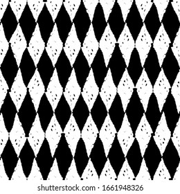 Classic vintage seamless pattern with rhombuses, texture grunge crayons ink. black isolated on White background. Can be used for greeting card design, Gift wrap, fabrics, wallpapers. Vector