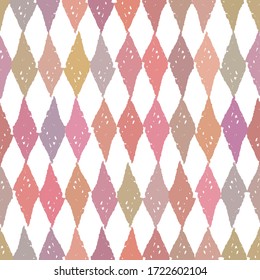Classic vintage seamless pattern with rhombuses, texture grunge crayons ink. white mauve pink lilac abstract background. Can be used for greeting card design, Gift wrap, fabrics, wallpapers. Vector