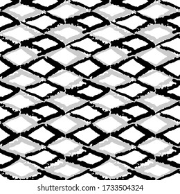 Classic vintage seamless pattern with rhombuses, texture grunge crayons ink. black gray isolated on White background. Can be used for greeting card design, Gift wrap, fabrics, wallpapers. Vector