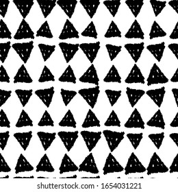 Classic vintage seamless pattern with triangles, texture grunge crayons ink. black isolated on White background. Can be used for greeting card design, Gift wrap, fabrics, wallpapers. Vector