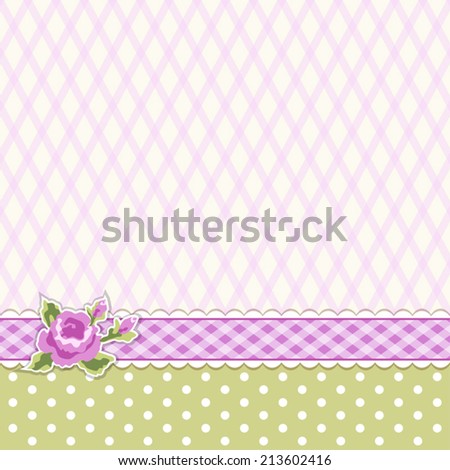Classic vintage shabby chic background with textile ribbon border and decorative rose sticker ideal as album cover or baby shower card