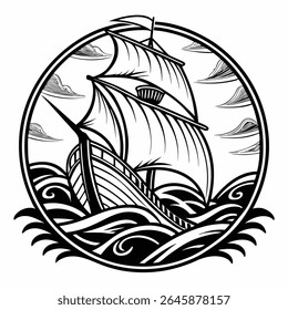 Um clássico navio vintage, renderizado em preto e branco, navegando em ondas estilizadas sob nuvens estilizadas dentro de um quadro decorativo circular. A estética geral é reminiscente da arte marítima vintage.