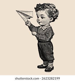 Classic vintage sketch of a little boy holding a paper airplane.