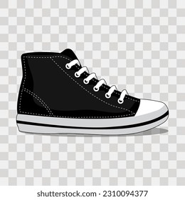 Classic vintage sneakers vector illustration. Modern fashionable black footwear side view. Casual youth shoes with isolated background.