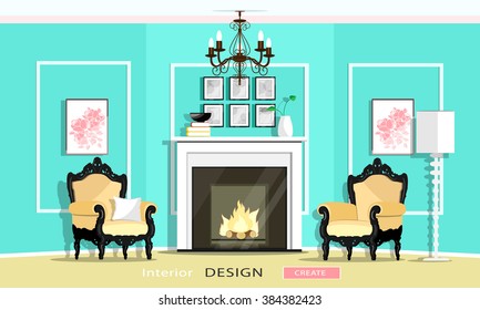 Classic Vintage Style Furniture Set in a living room: fireplace, armchairs, chandelier, lamp. Flat style vector illustration.