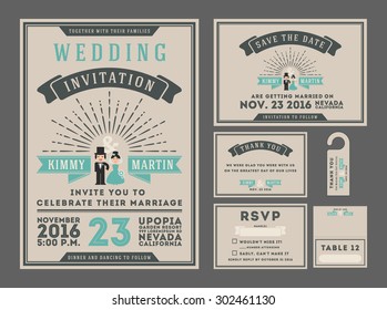 Classic vintage sunburst wedding invitation design with couple cartoon. Collection Included RSVP card, Save the date card, Thank you card, Gift tags, Table place card. All font types use free font