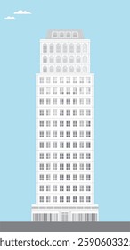 classic vintage tall skyscraper skyline with grey color tone and windows on blue sky background and reflect mirror