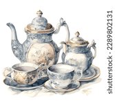 Classic vintage teaware in watercolor