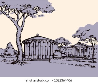 Classic vintage town alcove bandstand scene. Freehand line black ink hand drawn picture sketchy in art retro doodle style pen on paper. Scenic alley road bower view with space for text on white sky