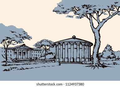 Classic vintage town alcove bandstand scene. Freehand line black ink hand drawn picture sketchy in art retro doodle style pen on paper. Scenic alley road bower view with space for text on white sky
