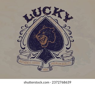 classic vintage typography design, lucky card symbol with tiger face vector illustration, monochrome old vintage artwork, hand drawn logotype design for t shirt, sticker, label, poster