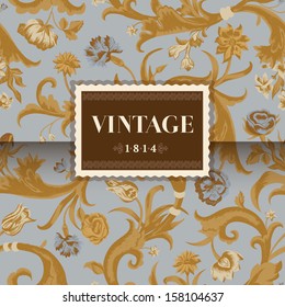 Classic Vintage vector background in Baroque style. Blue and beige flowers and golden curls on a pale blue background.