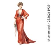 Classic vintage watercolor illustration of 1910-1930 lady wearing red party dress