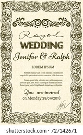 Classic Vintage wedding card with elegant classic FRAME, calligraphic elegant frame, elegant vignette, wedding invitation, diploma design etc. Damask ornamental aquamarine background.