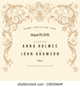 Classic vintage wedding card vector baroque. Vase with curls and different colors: times the, tulips, carnations on a light beige background. Brown and beige.