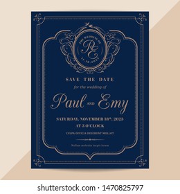 Classic vintage wedding invitation card with copper color border and frame on dark navy blue background