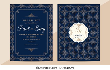 Classic Vintage Wedding Invitation Card With Copper Color Border And Frame On Dark Navy Blue Background