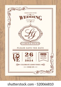 Classic vintage wedding invitation card with brown color border and frame