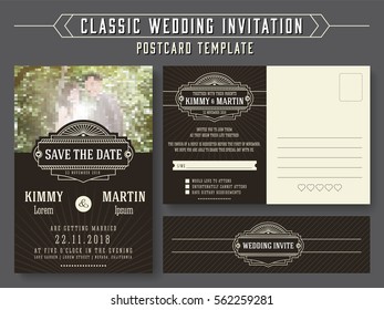 Classic vintage wedding invitation card design, suitable for both traditional and modern trend, you can replace your wedding couple image. Save the date and RSVP postcard template. Vector illustration