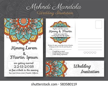 Classic vintage wedding invitation card design with beautiful Mandala flower, suitable for both traditional and modern trend. Save the date and RSVP postcard template. Vector illustration