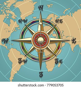 Classic Vintage Wind Compass Rose On Map Background Drawn In Retro Style. Vector Illustration.