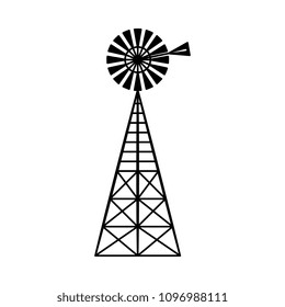 Classic vintage windmill turbine technology isolated on white background - traditional farm equipment of wind-powered water pump for farmer ranch in black and white vector illustration.